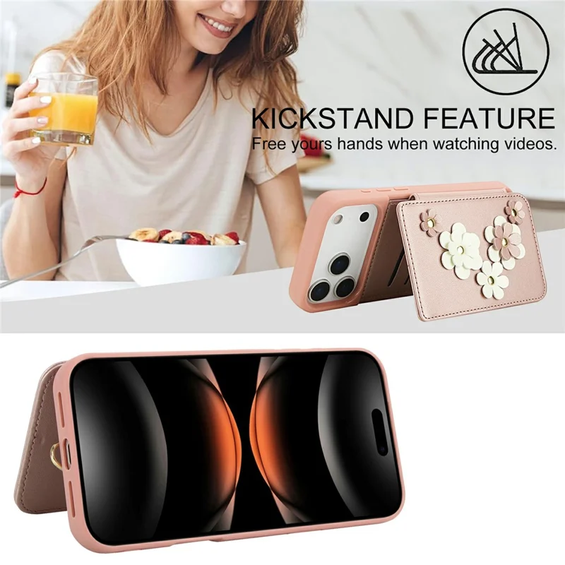 For iPhone 17 Pro Case Card Slots Leather Coated TPU Flower Phone Cover with 2 Straps - Pink