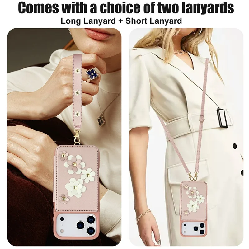 For iPhone 17 Pro Case Card Slots Leather Coated TPU Flower Phone Cover with 2 Straps - Pink