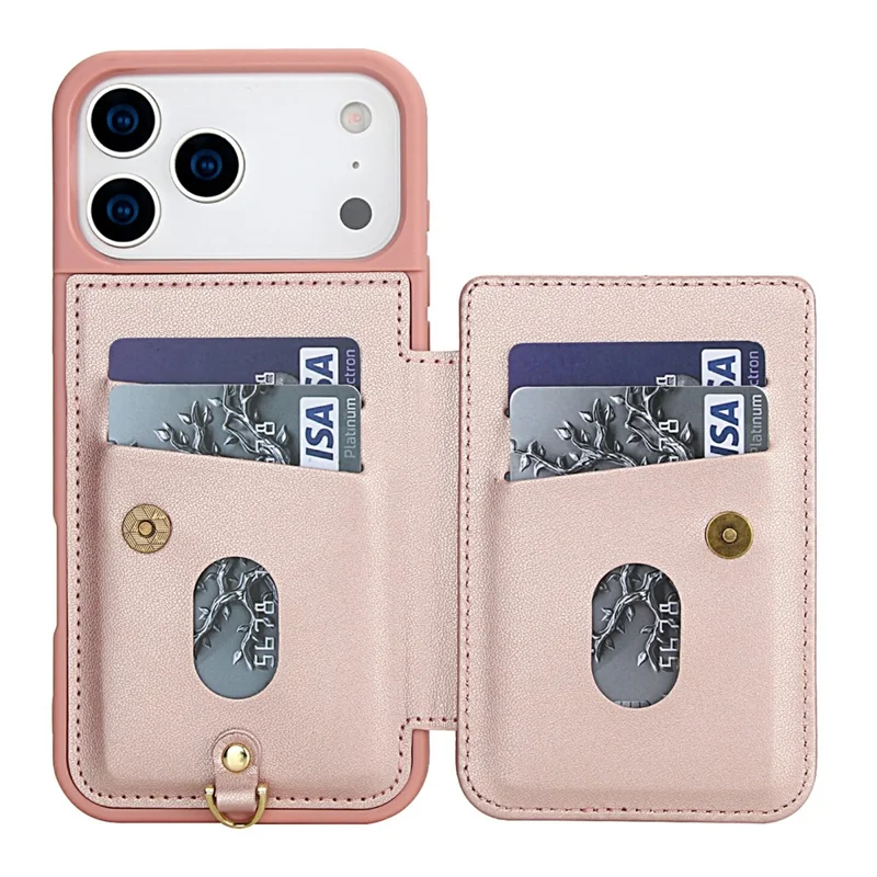 For iPhone 17 Pro Case Card Slots Leather Coated TPU Flower Phone Cover with 2 Straps - Pink