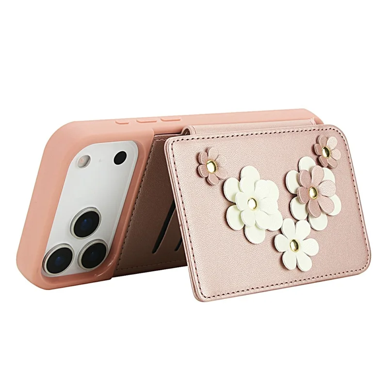 For iPhone 17 Pro Case Card Slots Leather Coated TPU Flower Phone Cover with 2 Straps - Pink