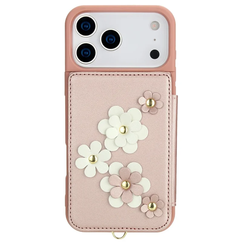 For iPhone 17 Pro Case Card Slots Leather Coated TPU Flower Phone Cover with 2 Straps - Pink