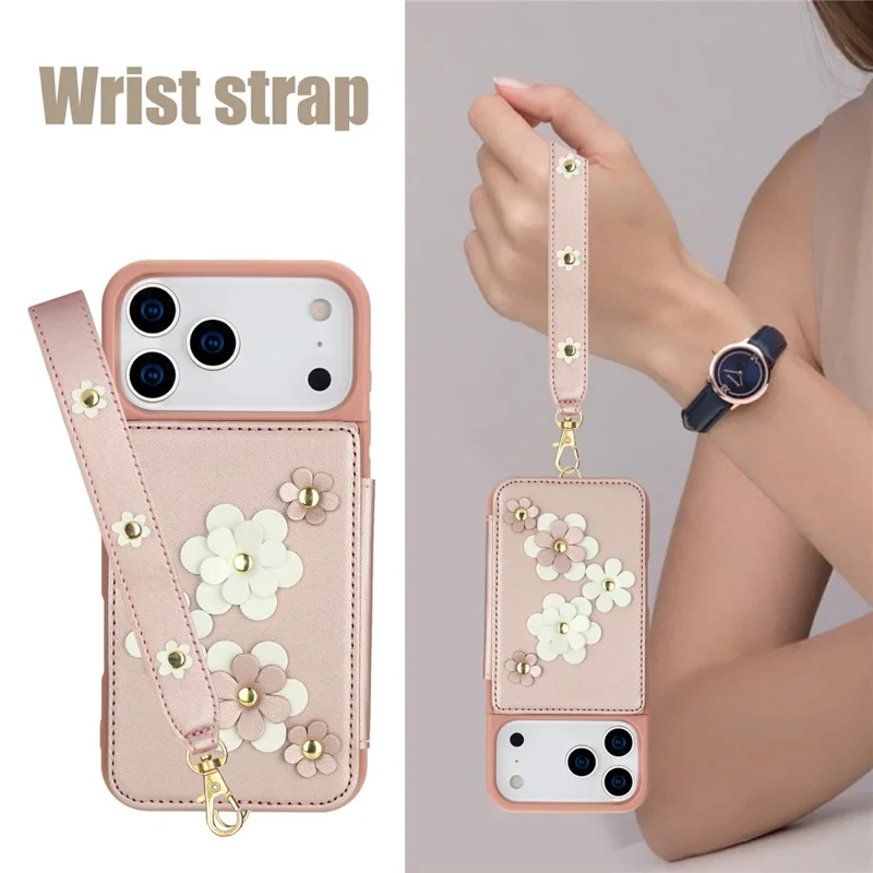 For iPhone 17 Pro Case Card Slots Leather Coated TPU Flower Phone Cover with 2 Straps - Pink