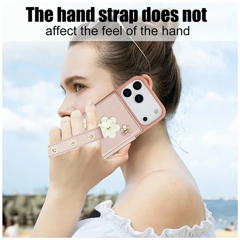 For iPhone 17 Pro Case Card Slots Leather Coated TPU Flower Phone Cover with 2 Straps - Pink