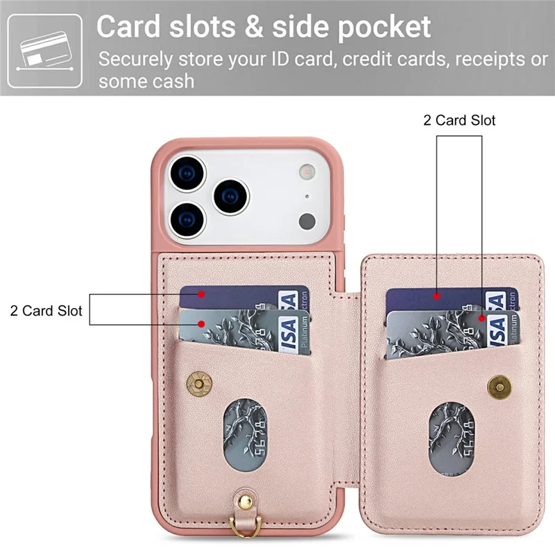 For iPhone 17 Pro Case Card Slots Leather Coated TPU Flower Phone Cover with 2 Straps - Pink