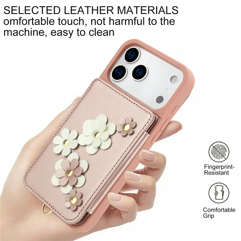 For iPhone 17 Pro Case Card Slots Leather Coated TPU Flower Phone Cover with 2 Straps - Pink