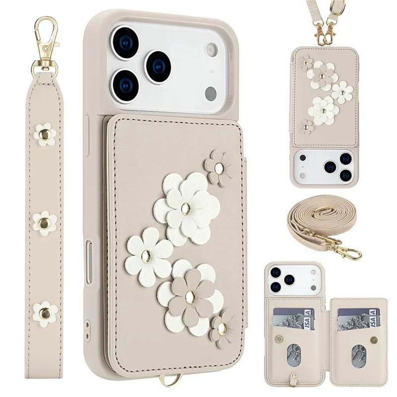 Für iPhone 17 Pro Max Hülle Kartenfächer Leder beschichtetes TPU Blumen Handyhülle mit 2 Trageriemen - Beige