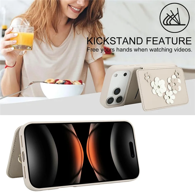 Für iPhone 17 Pro Max Hülle Kartenfächer Leder beschichtetes TPU Blumen Handyhülle mit 2 Trageriemen - Beige