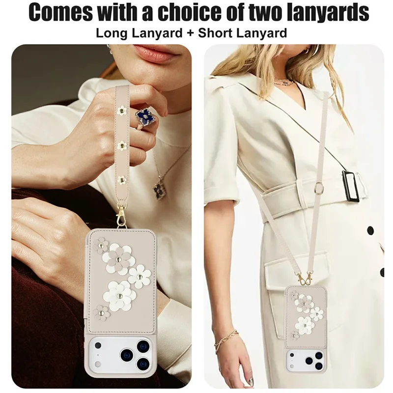 Für iPhone 17 Pro Max Hülle Kartenfächer Leder beschichtetes TPU Blumen Handyhülle mit 2 Trageriemen - Beige
