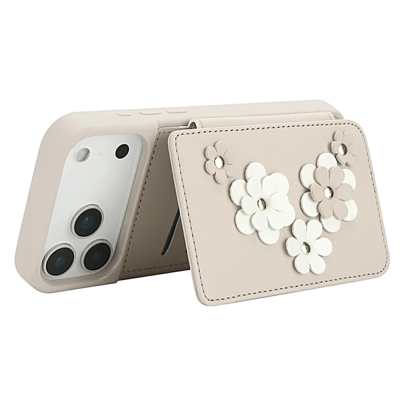 Für iPhone 17 Pro Max Hülle Kartenfächer Leder beschichtetes TPU Blumen Handyhülle mit 2 Trageriemen - Beige