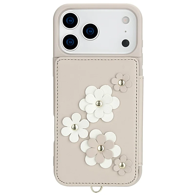 Für iPhone 17 Pro Max Hülle Kartenfächer Leder beschichtetes TPU Blumen Handyhülle mit 2 Trageriemen - Beige
