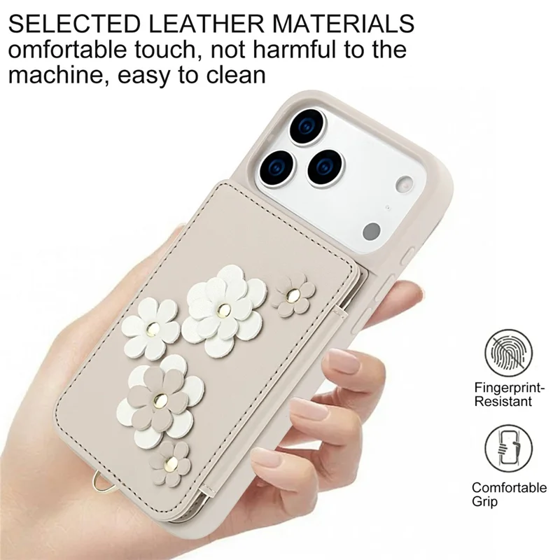 Für iPhone 17 Pro Max Hülle Kartenfächer Leder beschichtetes TPU Blumen Handyhülle mit 2 Trageriemen - Beige