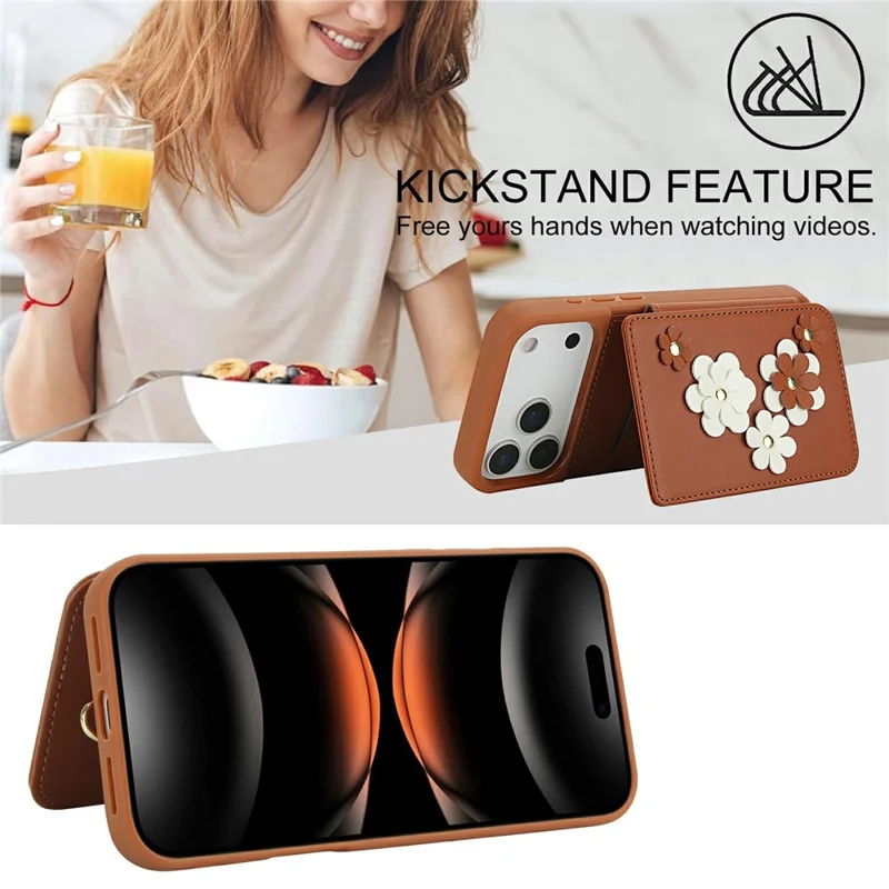 For iPhone 17 Pro Max Case Card Slots Leather Coated TPU Flower Phone Cover with 2 Straps - Brown