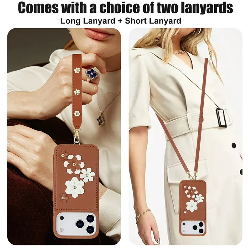 For iPhone 17 Pro Max Case Card Slots Leather Coated TPU Flower Phone Cover with 2 Straps - Brown