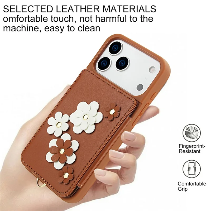 For iPhone 17 Pro Max Case Card Slots Leather Coated TPU Flower Phone Cover with 2 Straps - Brown