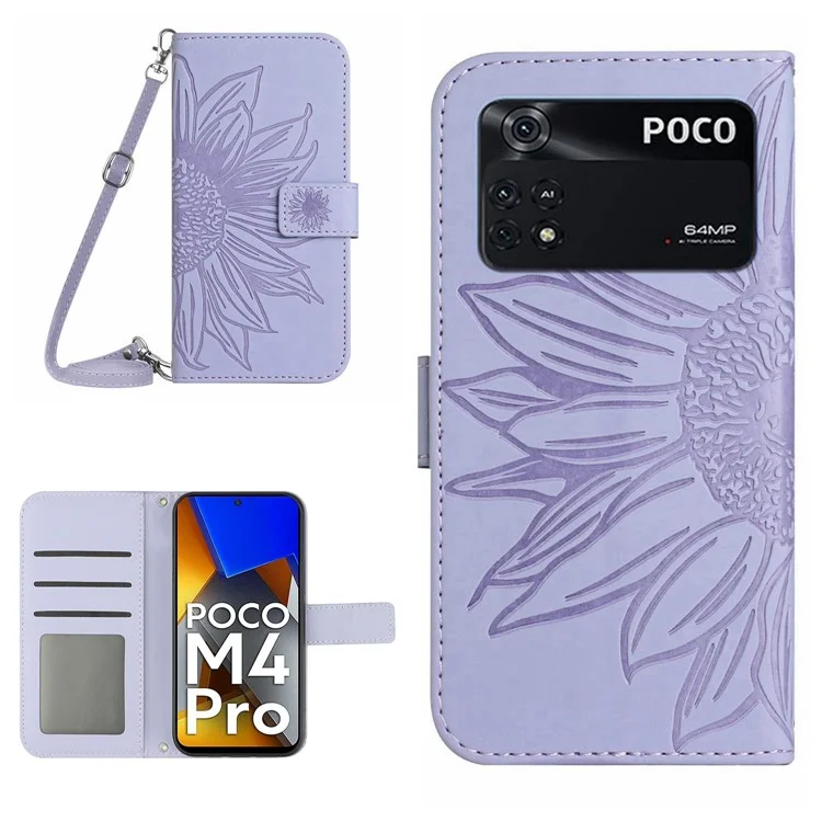 Für Xiaomi Poco M4 Pro 4G 5G HT04 Kratzer Pu-leder Sonnenblumengedruckter Brieftasche Feature Ständer Hülle Haut Skin-touch Magnetic Clasp-telefonabdeckung Mit Schultergurt - Helles Lila