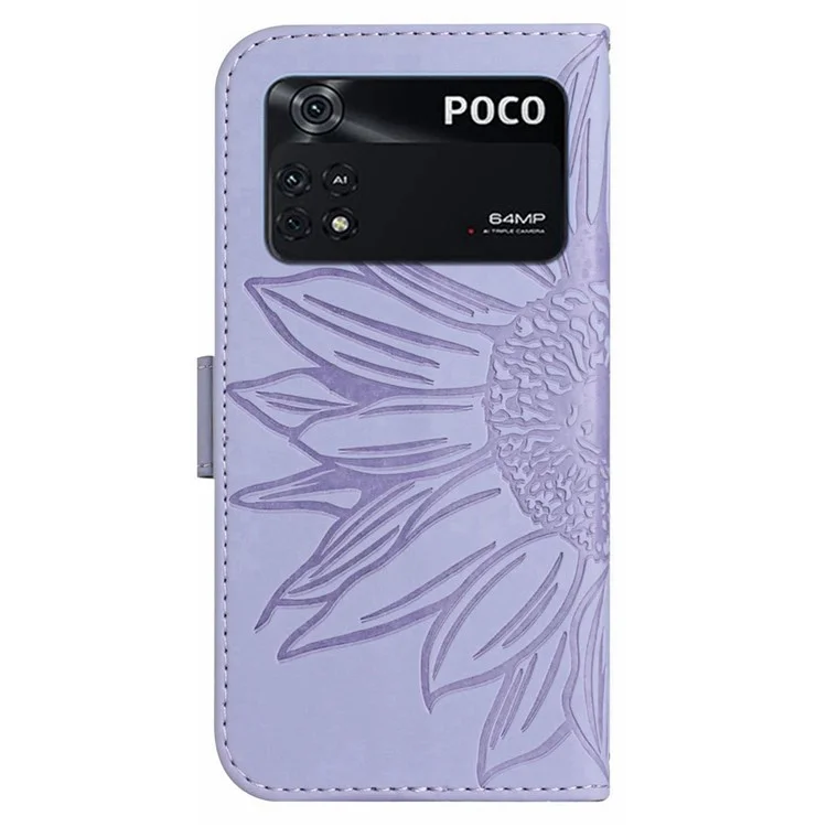 Für Xiaomi Poco M4 Pro 4G 5G HT04 Kratzer Pu-leder Sonnenblumengedruckter Brieftasche Feature Ständer Hülle Haut Skin-touch Magnetic Clasp-telefonabdeckung Mit Schultergurt - Helles Lila