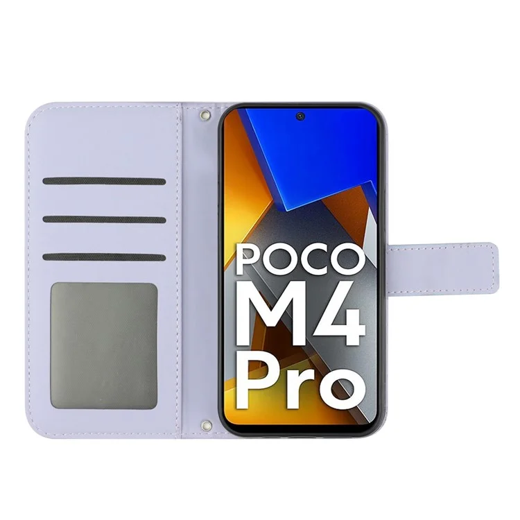 Für Xiaomi Poco M4 Pro 4G 5G HT04 Kratzer Pu-leder Sonnenblumengedruckter Brieftasche Feature Ständer Hülle Haut Skin-touch Magnetic Clasp-telefonabdeckung Mit Schultergurt - Helles Lila