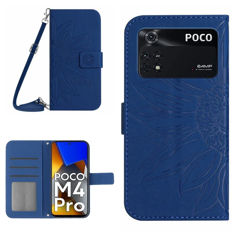 Til Xiaomi Poco M4 Pro 4G HT04 kradssikker PU-læder Solsort trykt tegnebog med ståfunktion Case Hudfølelse magnetisk lukning telefonbeskyttelse med skulderrem - Safir