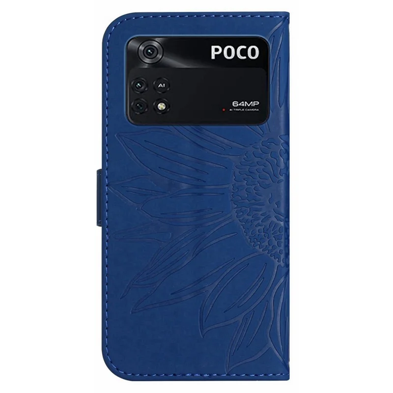 Til Xiaomi Poco M4 Pro 4G HT04 kradssikker PU-læder Solsort trykt tegnebog med ståfunktion Case Hudfølelse magnetisk lukning telefonbeskyttelse med skulderrem - Safir