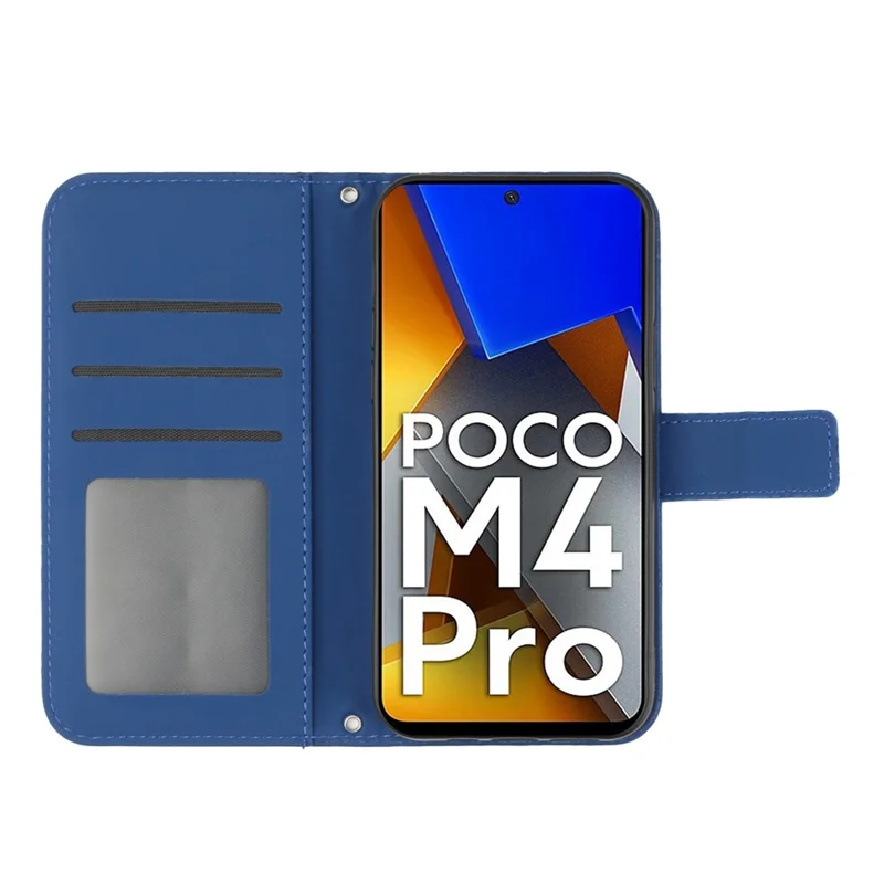 Til Xiaomi Poco M4 Pro 4G HT04 kradssikker PU-læder Solsort trykt tegnebog med ståfunktion Case Hudfølelse magnetisk lukning telefonbeskyttelse med skulderrem - Safir