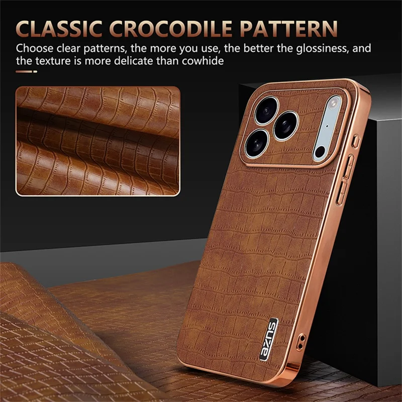 Étui AZNS pour iPhone 17 Pro Max - Texture de Crocodile Électrolytique PU + TPU - Marron