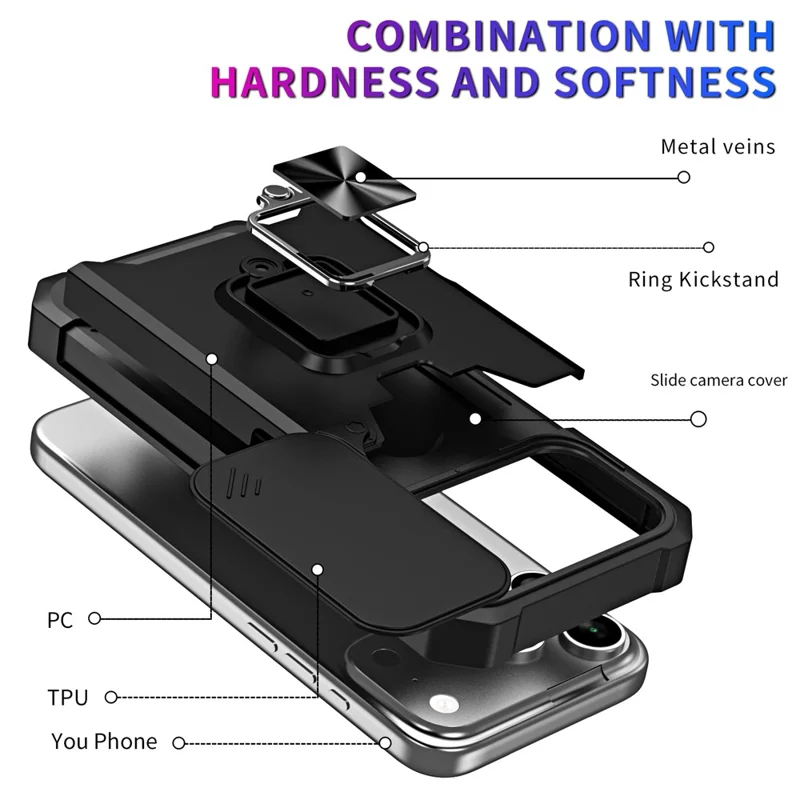 Capa iPhone 17 Pro Suporte Deslizante Tampa da Lente PC + Capa de Telefone TPU com Slot para Cartão - Preto