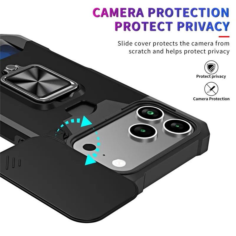 Capa iPhone 17 Pro Suporte Deslizante Tampa da Lente PC + Capa de Telefone TPU com Slot para Cartão - Preto
