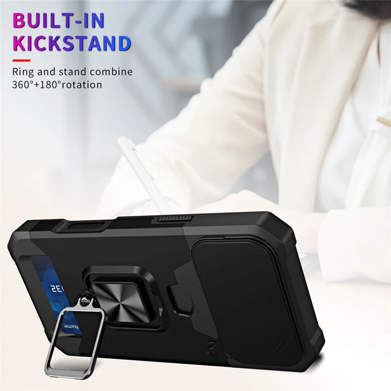 Capa iPhone 17 Pro Suporte Deslizante Tampa da Lente PC + Capa de Telefone TPU com Slot para Cartão - Preto