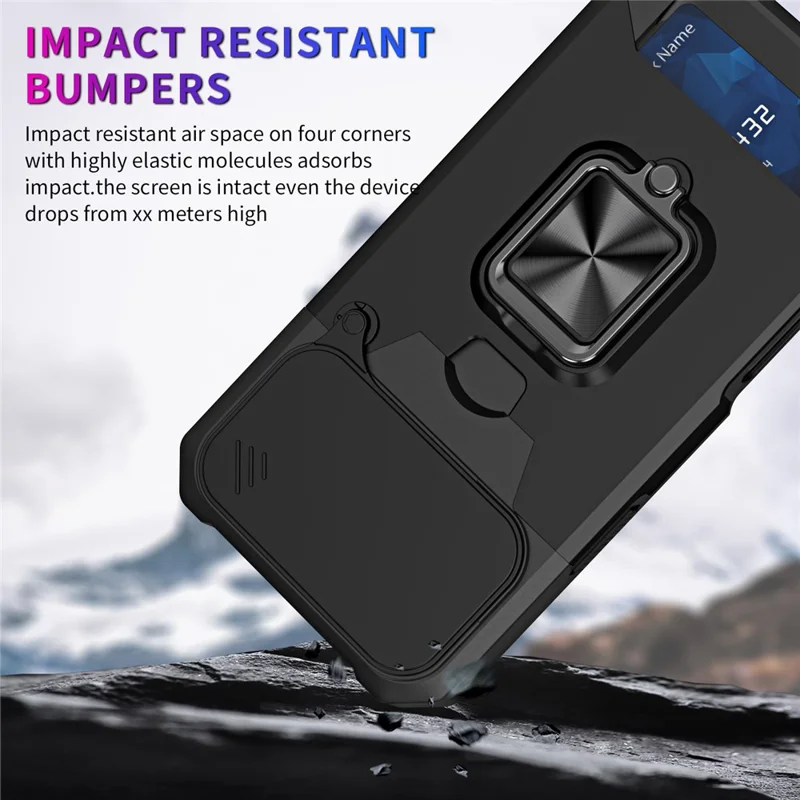 Capa iPhone 17 Pro Suporte Deslizante Tampa da Lente PC + Capa de Telefone TPU com Slot para Cartão - Preto