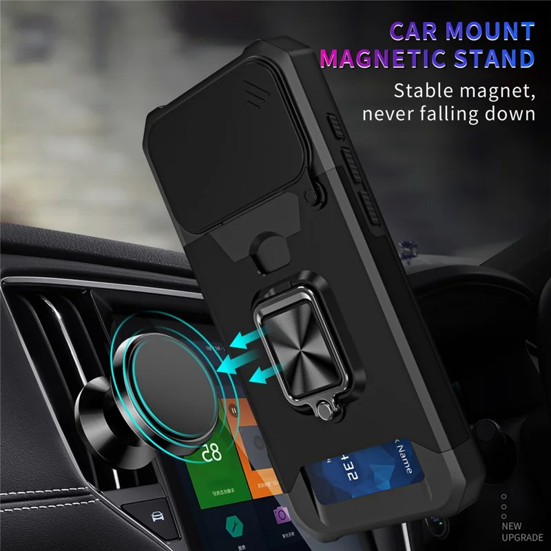 Capa iPhone 17 Pro Suporte Deslizante Tampa da Lente PC + Capa de Telefone TPU com Slot para Cartão - Preto