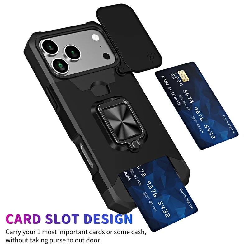 Capa iPhone 17 Pro Suporte Deslizante Tampa da Lente PC + Capa de Telefone TPU com Slot para Cartão - Preto