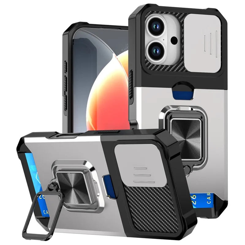 For iPhone 17 Case Kickstand Slide Lens Lid PC + TPU Phone Cover with Card Slot - Silver
