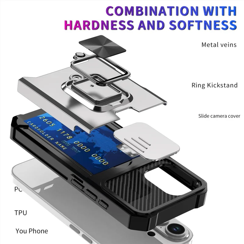 For iPhone 17 Case Kickstand Slide Lens Lid PC + TPU Phone Cover with Card Slot - Silver