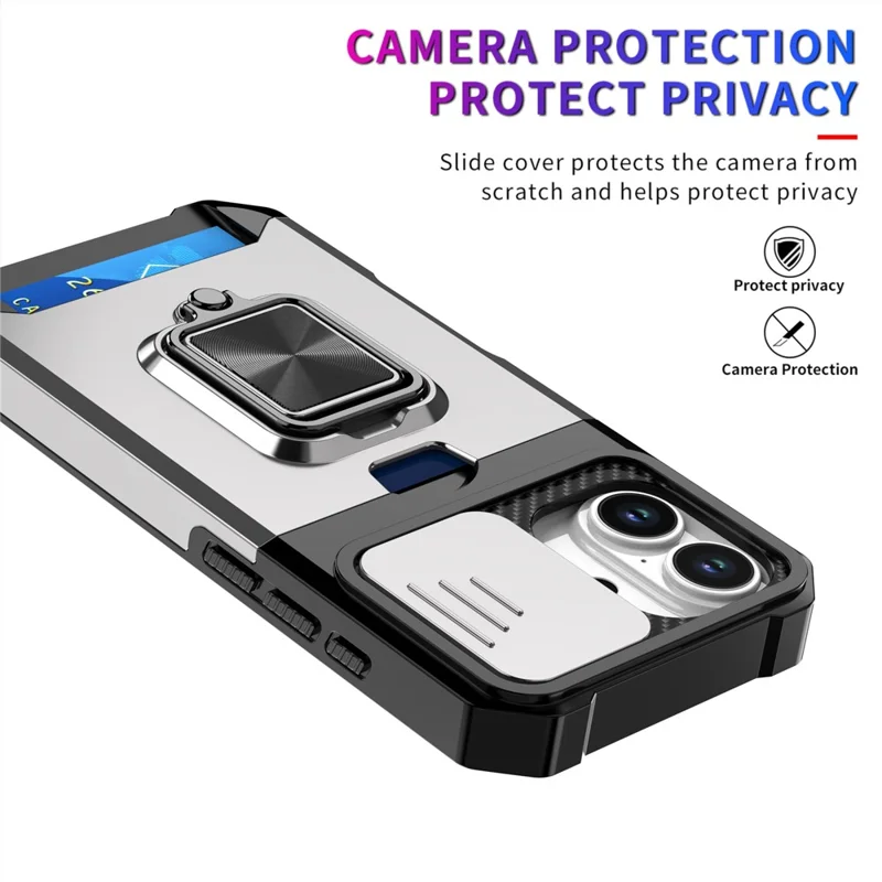 For iPhone 17 Case Kickstand Slide Lens Lid PC + TPU Phone Cover with Card Slot - Silver