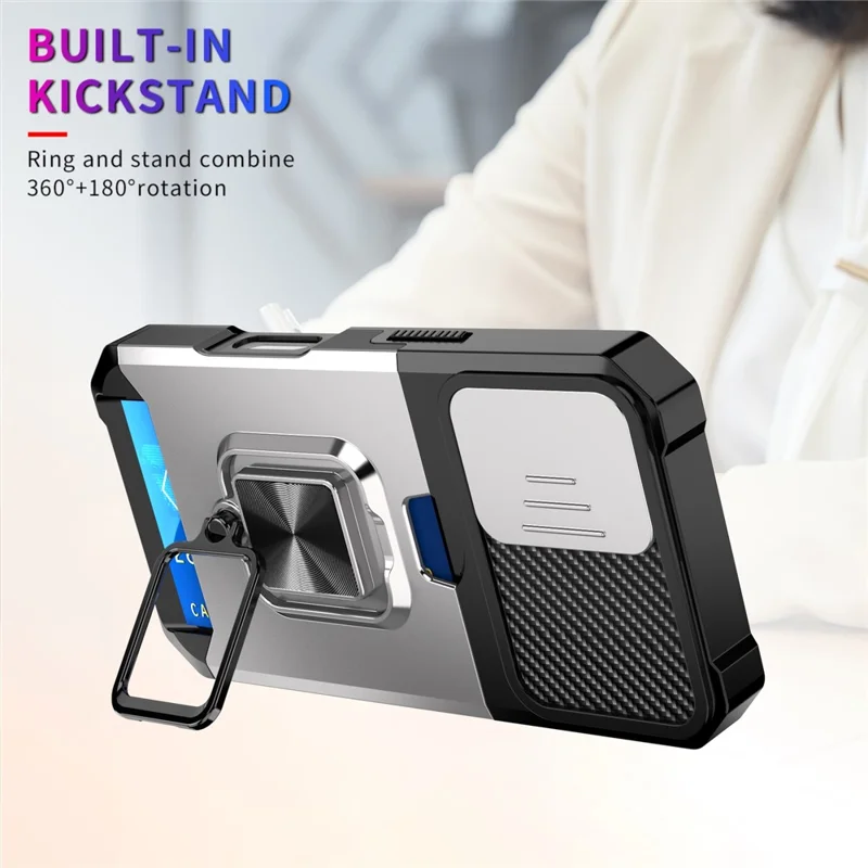For iPhone 17 Case Kickstand Slide Lens Lid PC + TPU Phone Cover with Card Slot - Silver