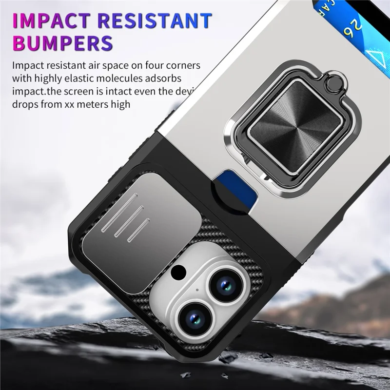 For iPhone 17 Case Kickstand Slide Lens Lid PC + TPU Phone Cover with Card Slot - Silver
