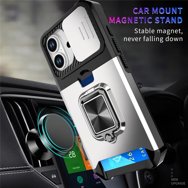 For iPhone 17 Case Kickstand Slide Lens Lid PC + TPU Phone Cover with Card Slot - Silver