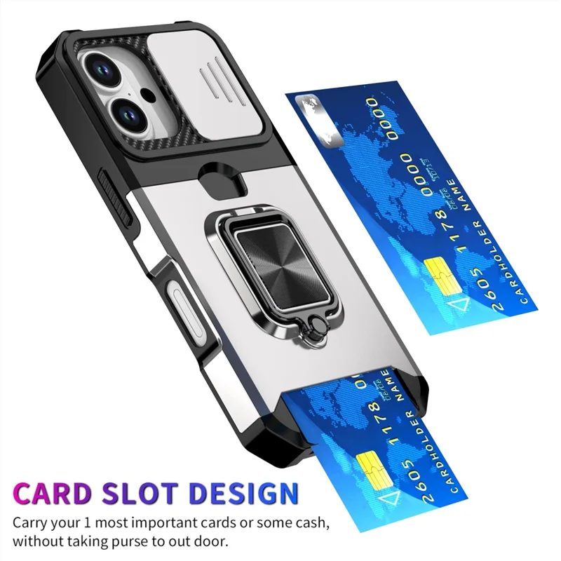 For iPhone 17 Case Kickstand Slide Lens Lid PC + TPU Phone Cover with Card Slot - Silver