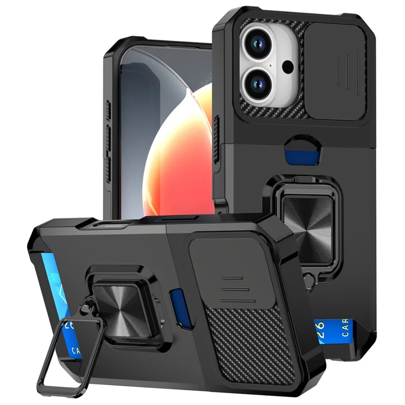 For iPhone 17 Case Kickstand Slide Lens Lid PC + TPU Phone Cover with Card Slot - Black