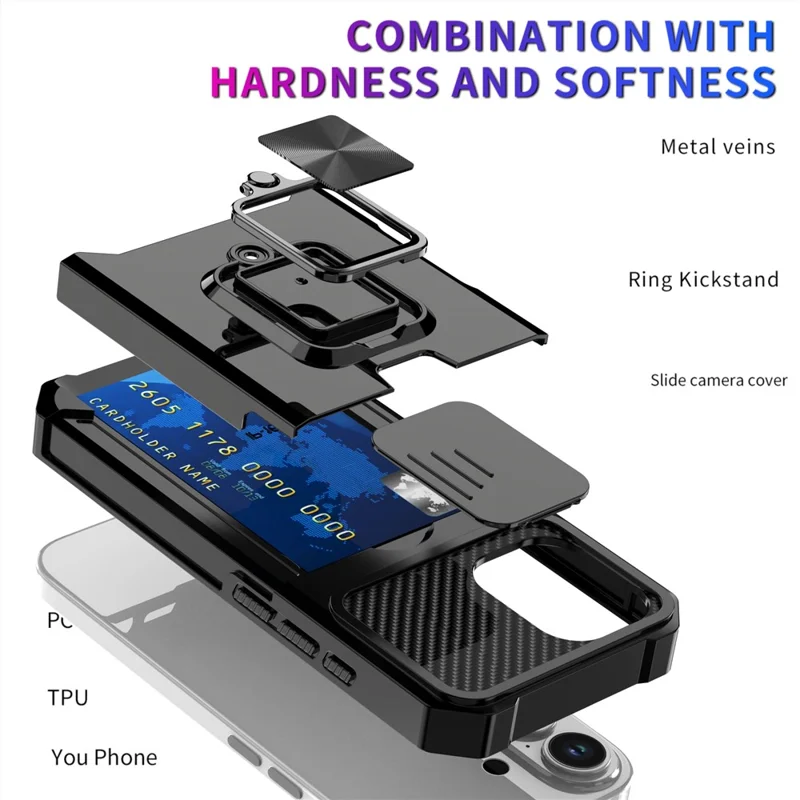 For iPhone 17 Case Kickstand Slide Lens Lid PC + TPU Phone Cover with Card Slot - Black