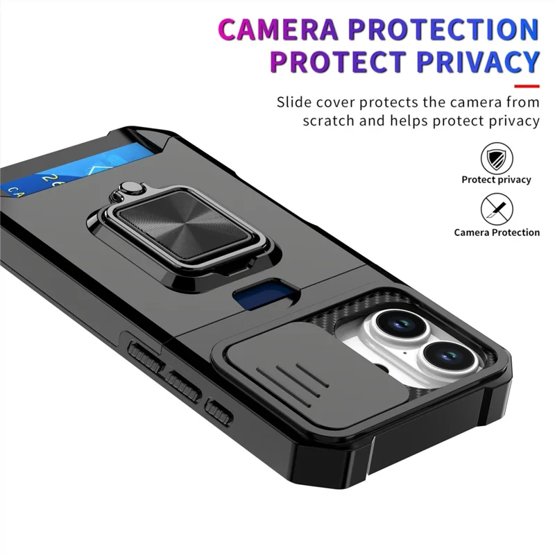 For iPhone 17 Case Kickstand Slide Lens Lid PC + TPU Phone Cover with Card Slot - Black