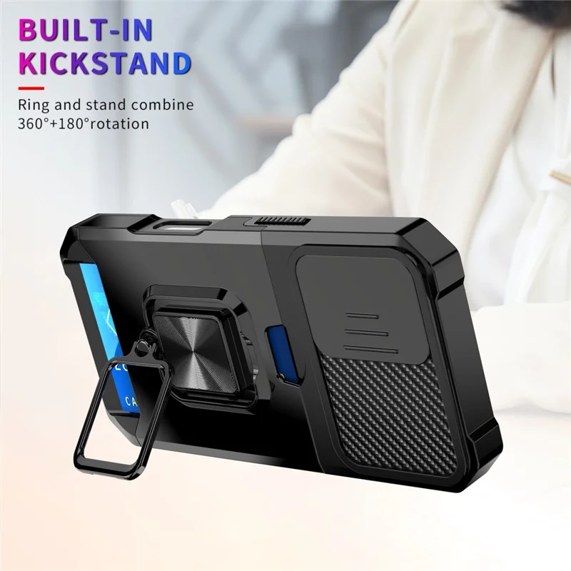 For iPhone 17 Case Kickstand Slide Lens Lid PC + TPU Phone Cover with Card Slot - Black