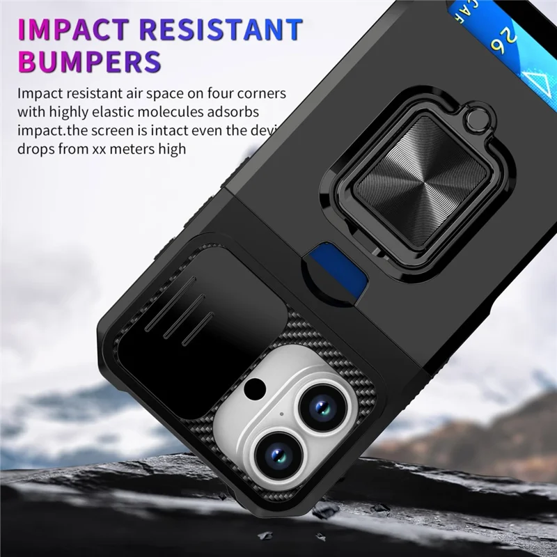 For iPhone 17 Case Kickstand Slide Lens Lid PC + TPU Phone Cover with Card Slot - Black
