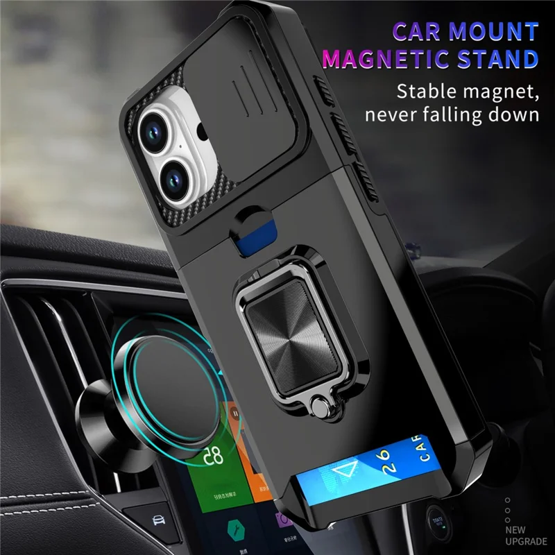 For iPhone 17 Case Kickstand Slide Lens Lid PC + TPU Phone Cover with Card Slot - Black