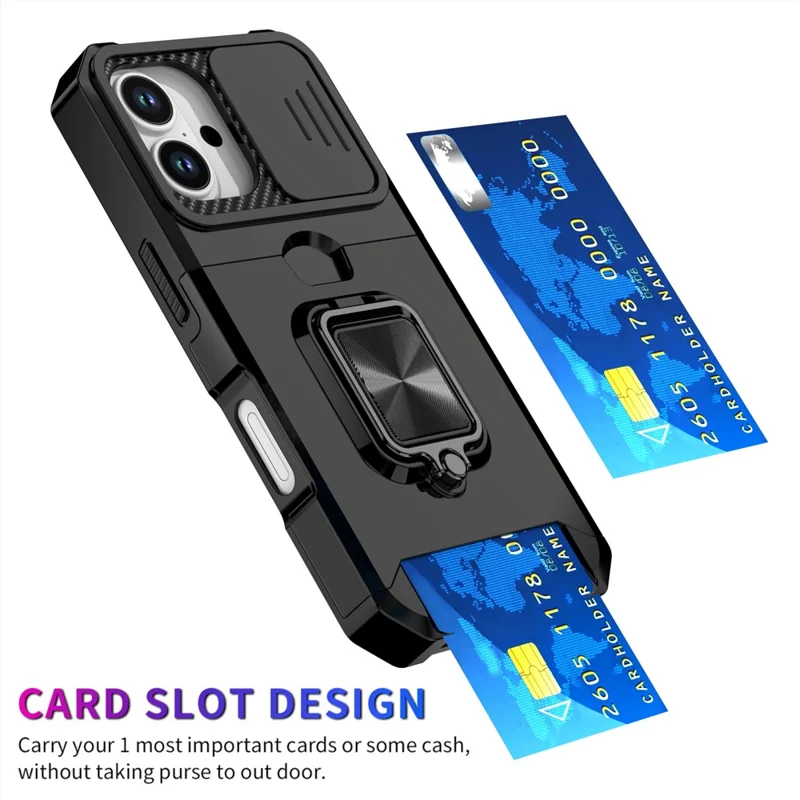 For iPhone 17 Case Kickstand Slide Lens Lid PC + TPU Phone Cover with Card Slot - Black
