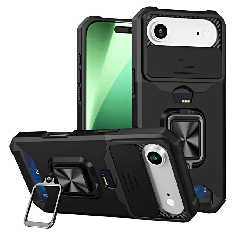 iPhone 17 Air Case Kickstand Slide Lens Lid PC + TPU Handyhülle mit Kartenfach - Schwarz