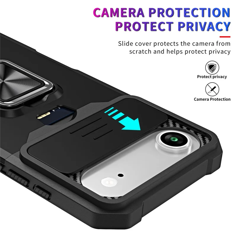 iPhone 17 Air Case Kickstand Slide Lens Lid PC + TPU Handyhülle mit Kartenfach - Schwarz