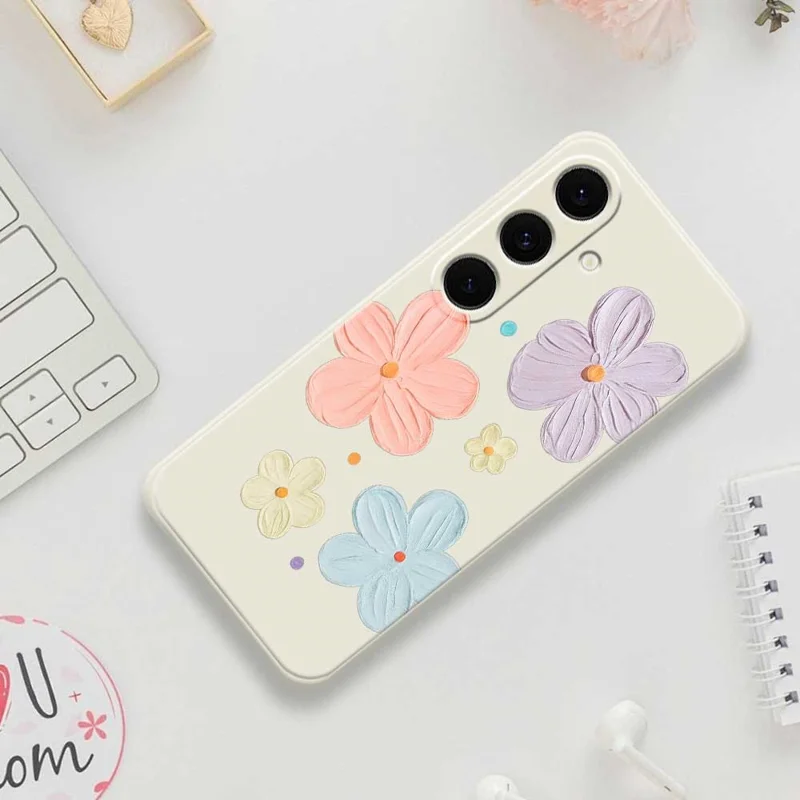 For Samsung Galaxy S25 FE Case Four Color Flowers Pattern Printing Straight Edge TPU Phone Back Cover - Beige
