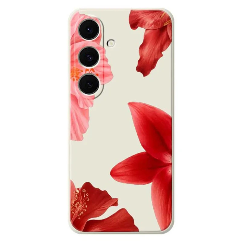 Coque Samsung Galaxy S25 FE Motif Fleur Rouge Impression Bords Droits Coque Arrière Téléphone TPU - Beige