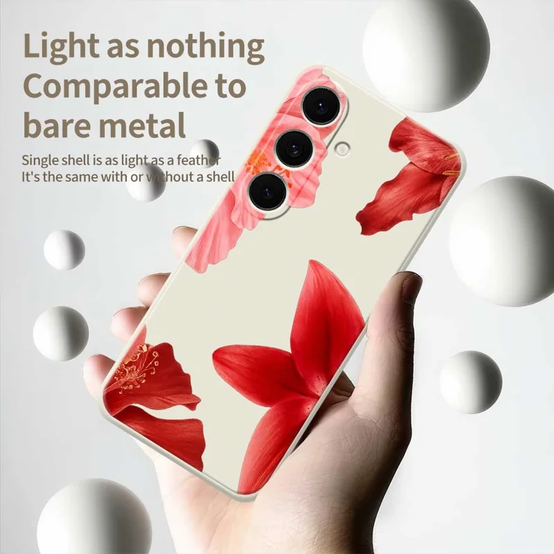 Coque Samsung Galaxy S25 FE Motif Fleur Rouge Impression Bords Droits Coque Arrière Téléphone TPU - Beige